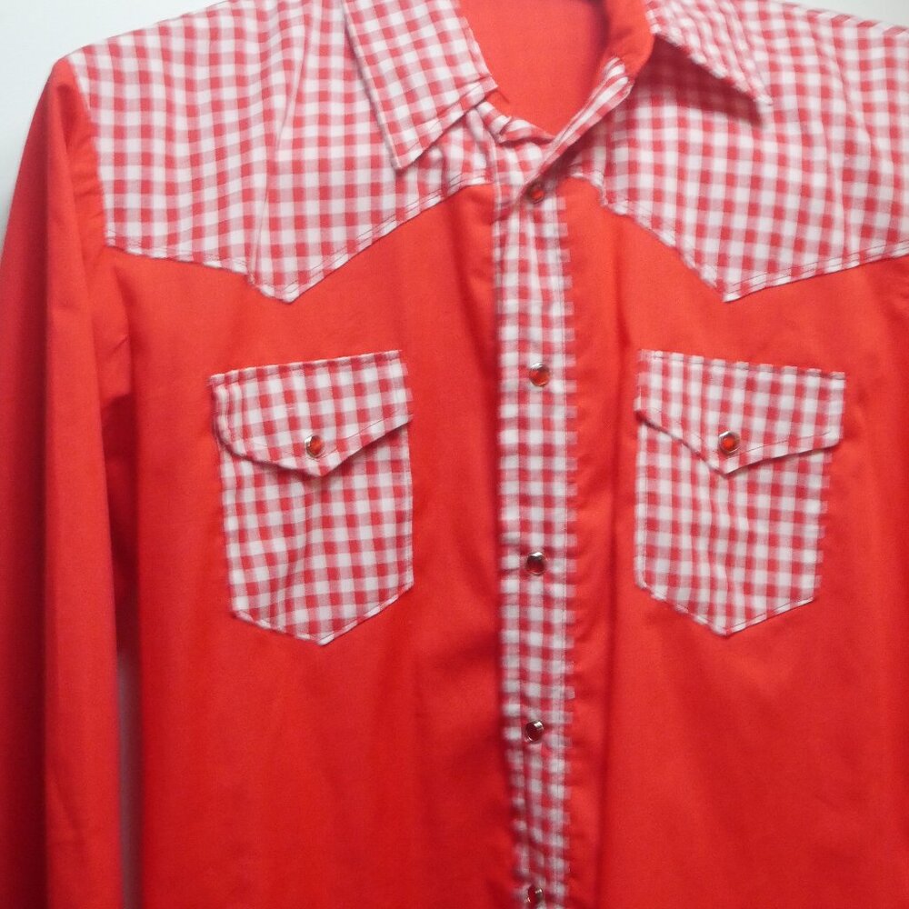 Vintage Red Western Shirt with Gingham Trim Pearl Snap Mens XL
